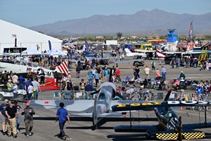 Air show participants, performers, exhibitors, and workshop leaders attend the Buckeye Air Fair in Buckeye, Arizona, near Phoenix, February 18, 2023. Photo by David Tulis.